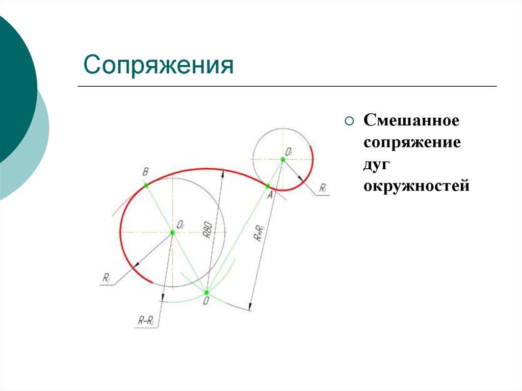 Сопряжение форм. Смешанное сопряжение двух окружностей. Смешанное сопряжение двух окружностей радиус сопряжения 50 мм. Построение смешанного сопряжения двух окружностей. Смешанное сопряжение чертеж.