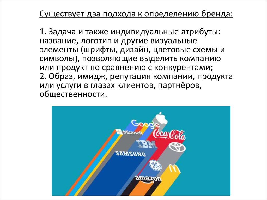 Два подхода. Понятие и сущность бренда. Выделено два подхода к созданию бренда:. Подходы к определению бренда. Сопоставьте визуальные элементы и бренды.