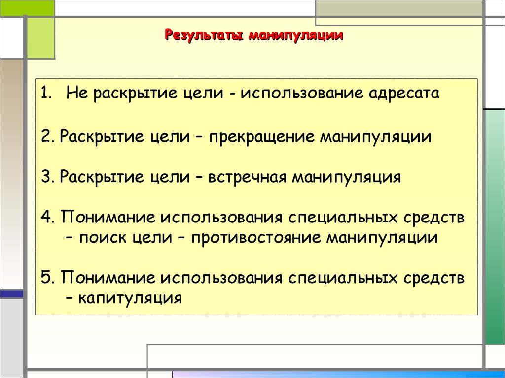 Раскройте цели. Результат манипуляции. Противостояние манипуляции. Техники противостояния психологической манипуляции. Цель манипуляции.