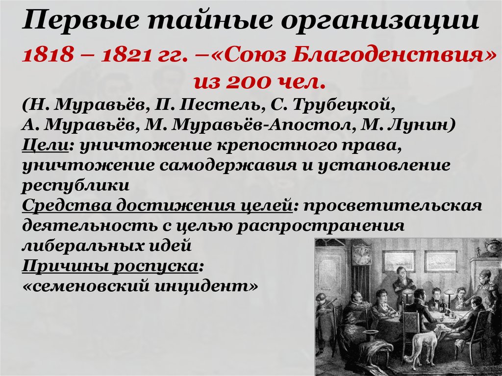 Союз благоденствия» 1818-1821 гг. цели. Союз благоденствия 1818 1821 методы. Общественное движение при Александре 3. 1818—1821 — Деятельность Союза благоденствия..