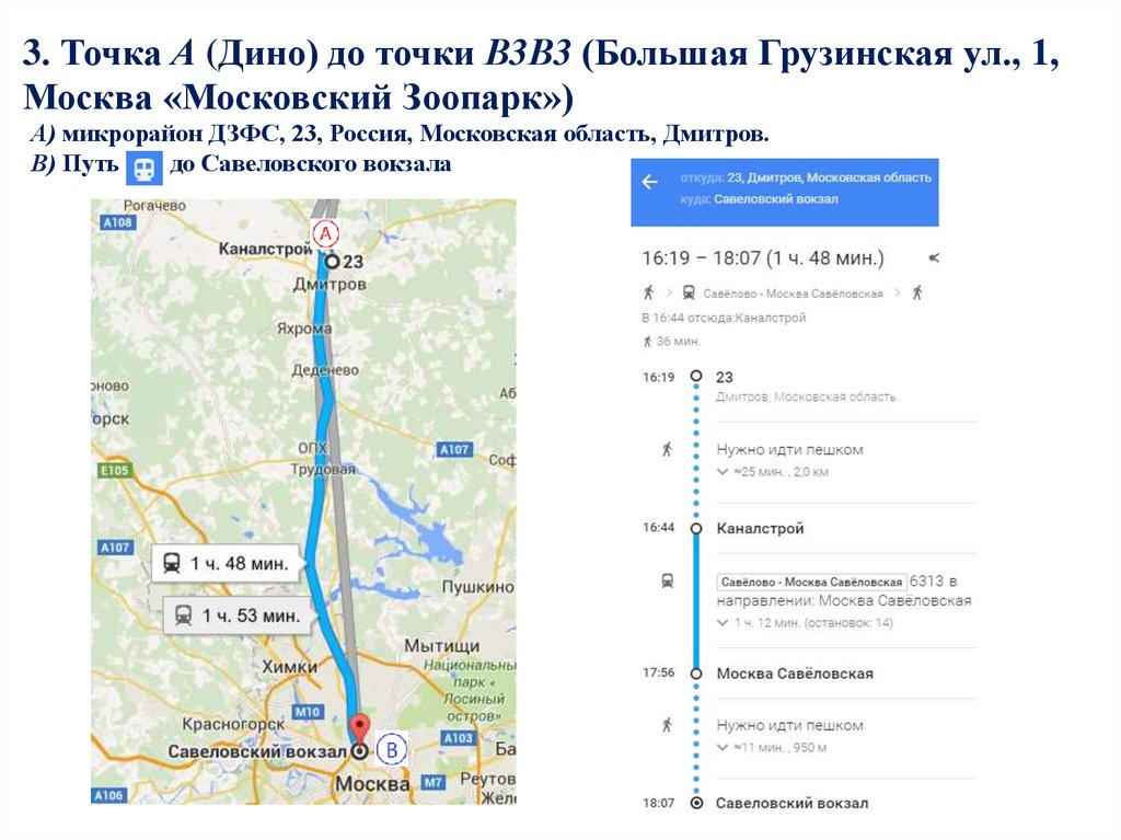 3. Точка А (Дино) до точки В3В3 (Большая Грузинская ул., 1, Москва «Московский Зоопарк»)