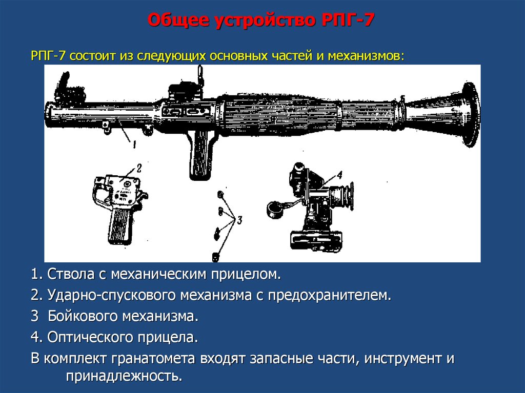 Части гранатомета. Ручной противотанковый гранатомет РПГ-7 ТТХ. Бойковый механизм РПГ-7. Общее устройство РПК 7в. ТТХ гранатомета РПГ-7.