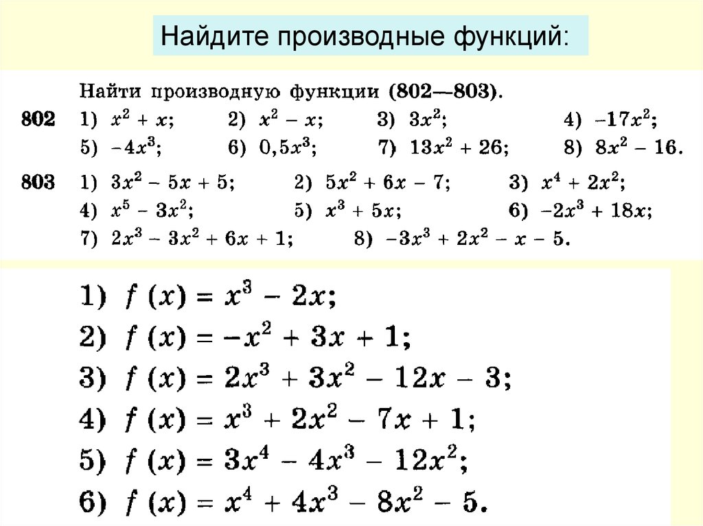 Найдите производные следующих функций при х 1