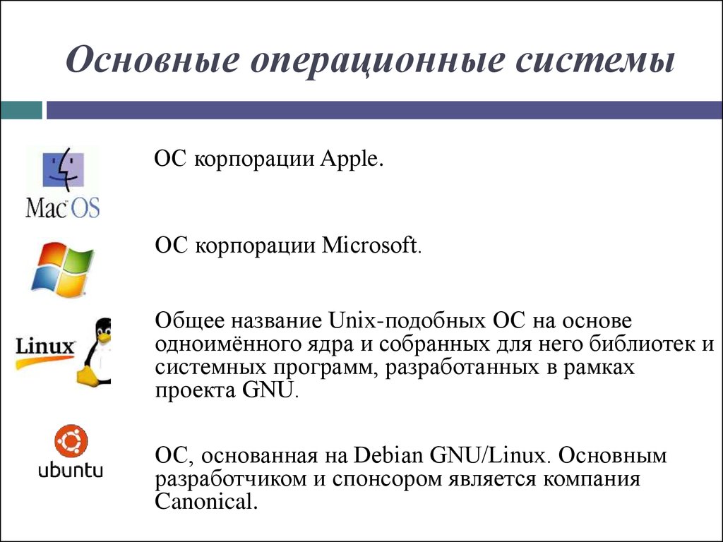 Базовая операционная система. Какие бывают операционные системы. Перечислите основные операционные системы. Операциооныы есистемы. Основные операционные системы ОС.