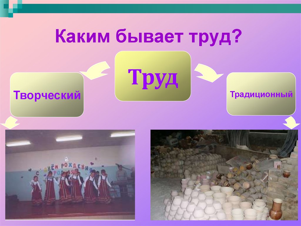 Каким бывает труд человека обществознание 6. Творческий труд человека. Какой бывает труд. Труд и творчество человека. Творческий и традиционный труд.