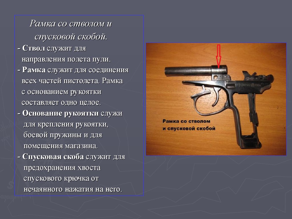 Основание пм. ПМ 9 мм рамка со стволом и спусковой скобой. Назначение спусковой скобы ПМ 9мм. Назначение спусковой скобы 9-мм пистолета Макарова,. Назначение ствола 9-мм пистолета Макарова ПМ.