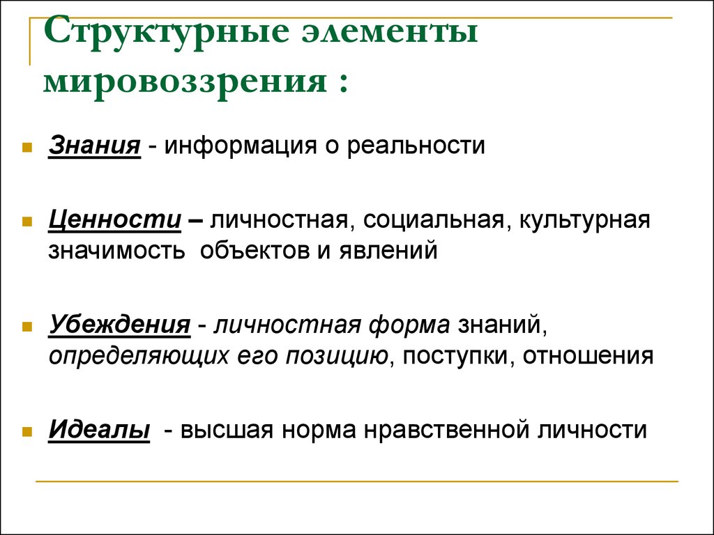 Компоненты мировоззрения. Основные компоненты научного мировоззрения:. Структурные элементы мировоззрения.