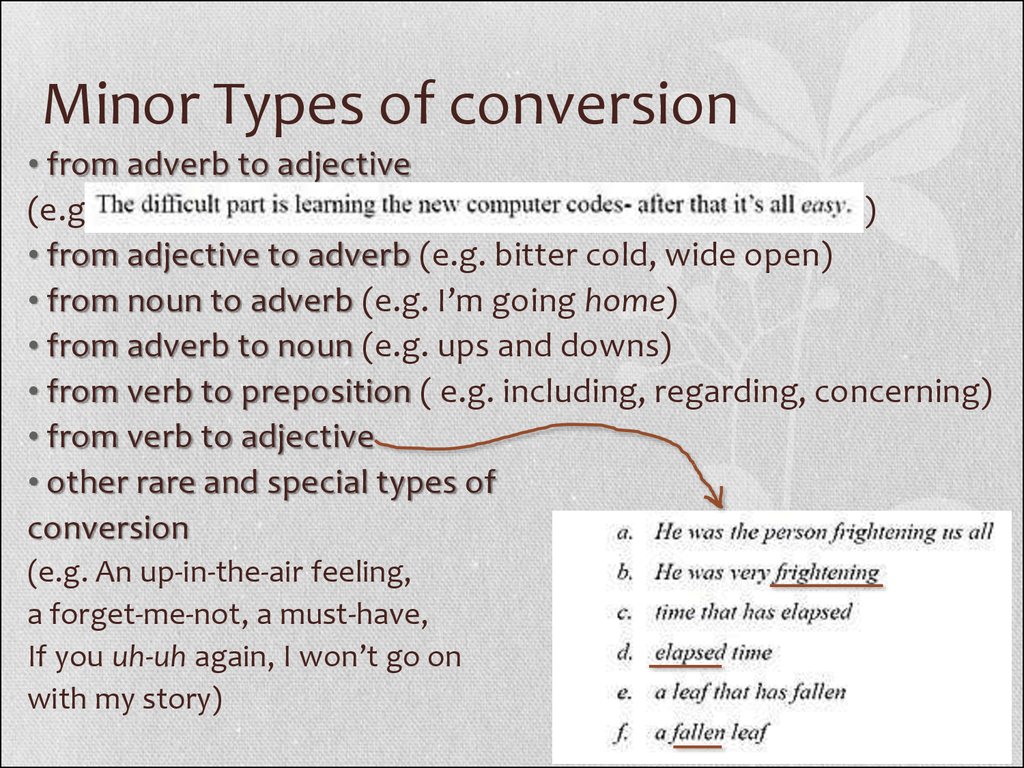 4 the adjective the adverb. Types of Conversion. Conversion in English Lexicology. Main Types of Conversion. Types of Conversion in Lexicology.