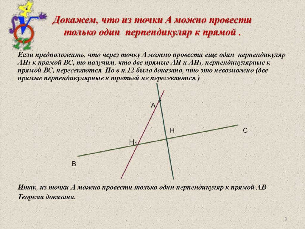 Через точки можно провести. Доказательство теоремы перпендикуляр к прямой. Единственность перпендикуляра к прямой. Перпендикуляр к прямой доказательство. Теорема перпендикуляр к прямой доказательство 7 класс.