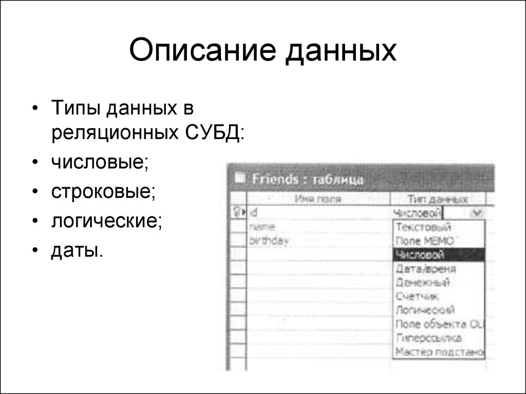 Дайте определение типу данных. Описание данных. Типы данных в СУБД. Логический Тип данных в базе данных. Числовой Тип данных в базе данных.