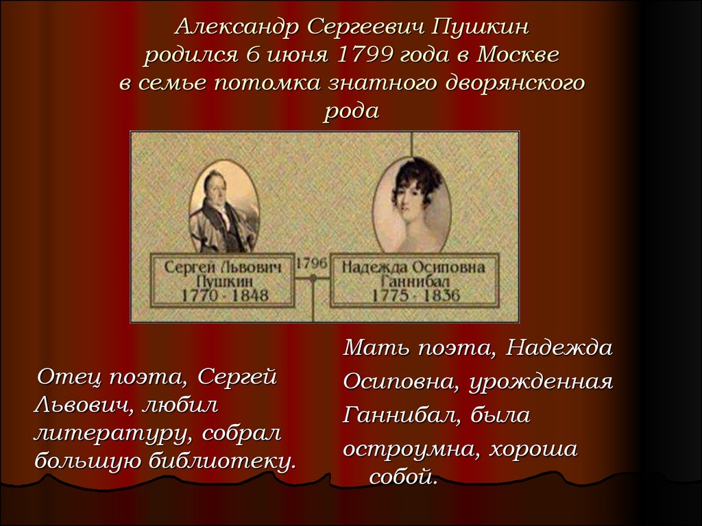 Александр Сергеевич Пушкин родился 6 июня 1799 года в Москве в семье потомка знатного дворянского рода