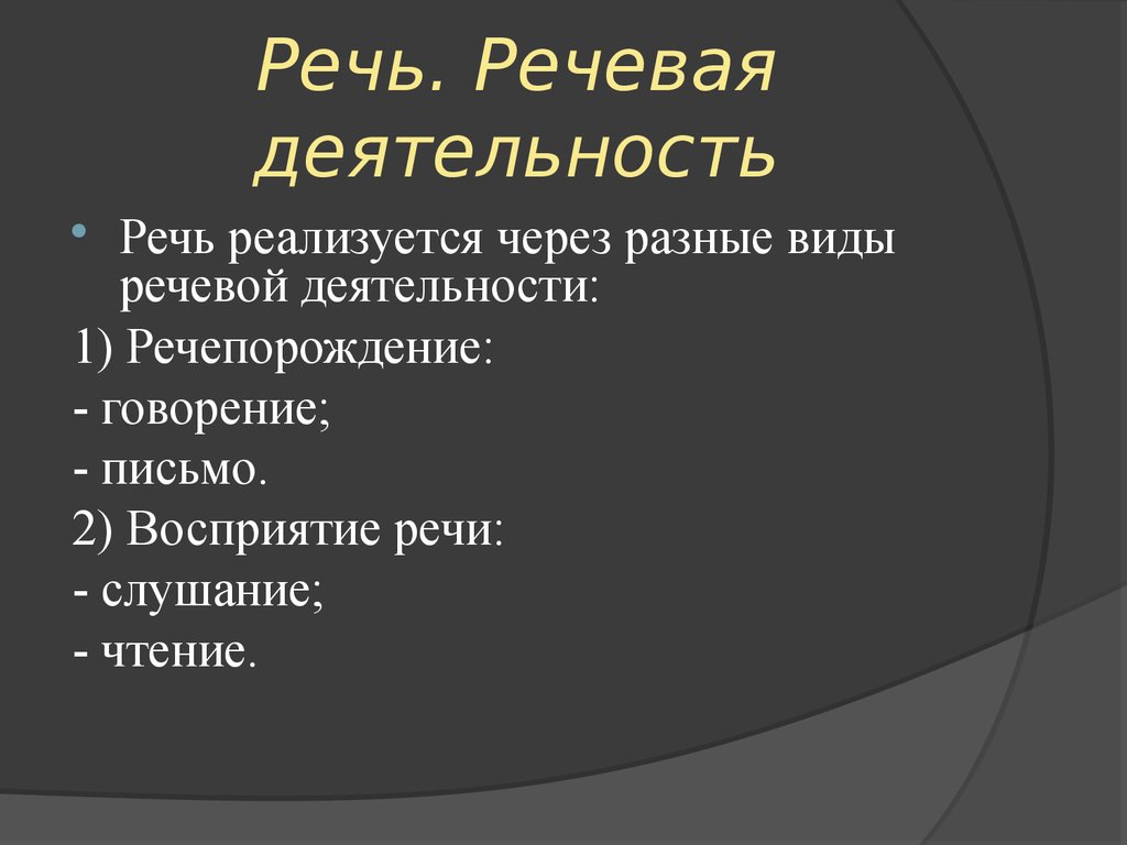 Речь как деятельность. Виды речевой деятельности порождения речи восприятия речи. Слушание и восприятие речи. Речь реализуется в виде. Говорение это восприятие речи.