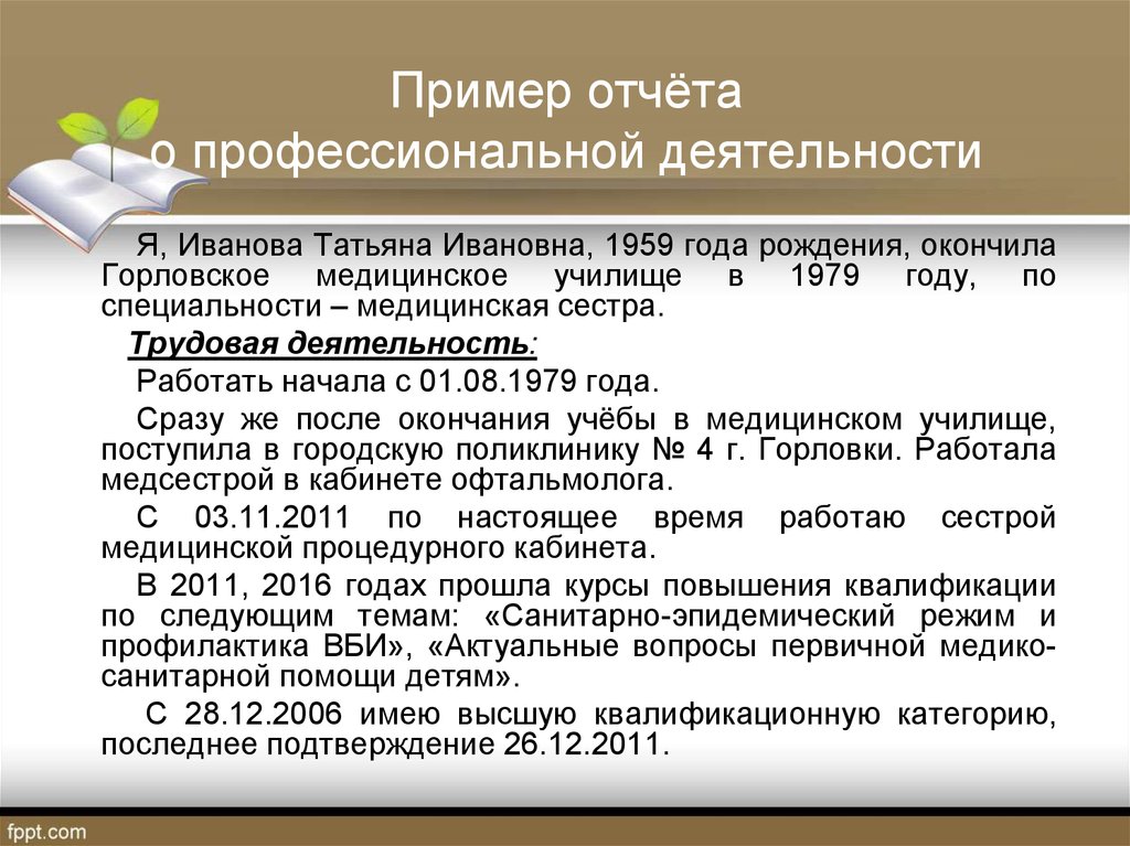 Отчет о профессиональной деятельности образец