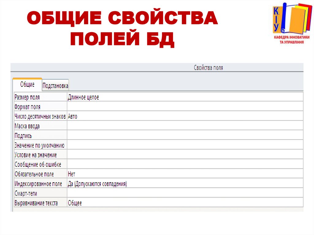 Общие свойства полей