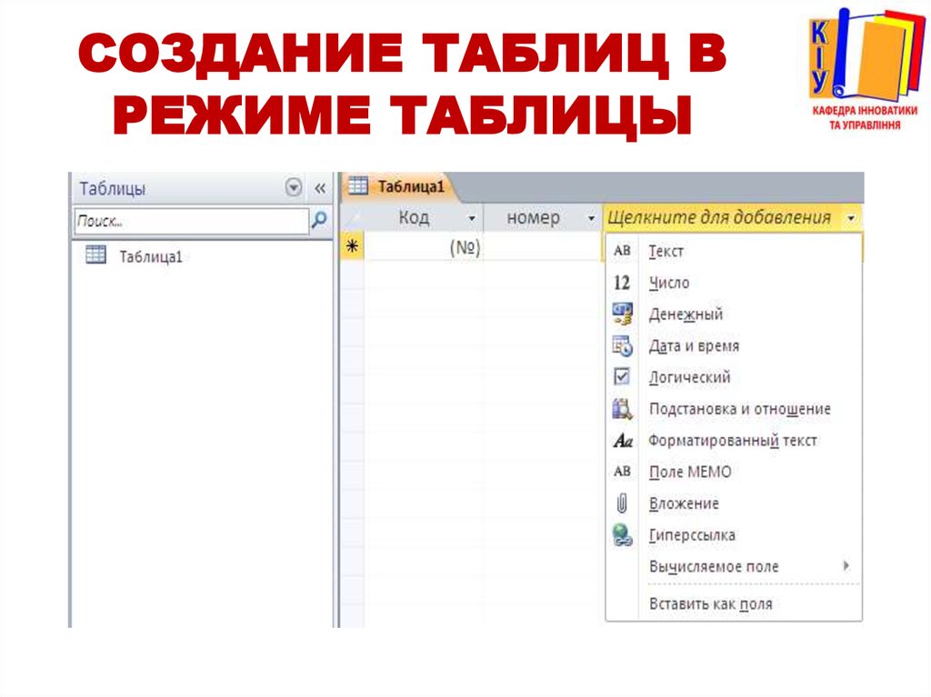 Конструктор таблиц. Таблица в режиме таблицы. Создание таблицы в режиме таблицы. Режимы создания таблиц. В режиме таблицы можно задать:.