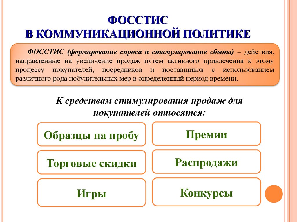 Стимулирование продаж. Формирование спроса и стимулирование сбыта в маркетинге. Методы формирования спроса и стимулирования сбыта. Стимулирование сбыта в коммуникационной политике. ФОССТИС.