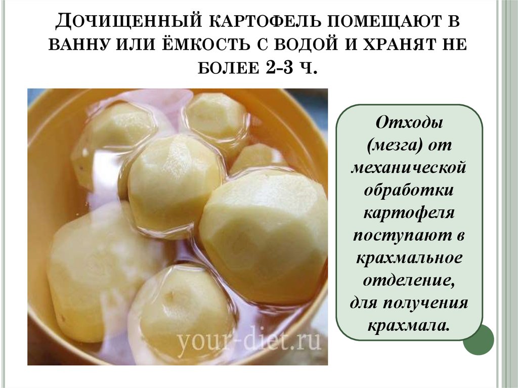 Дочищенный картофель помещают в ванну или ёмкость с водой и хранят не более 2-3 ч.