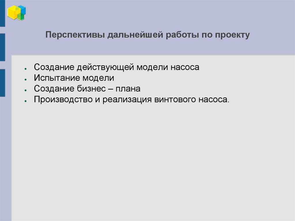 Дальнейшие перспективы реализации проекта. Перспективы дальнейшей работы над проектом.