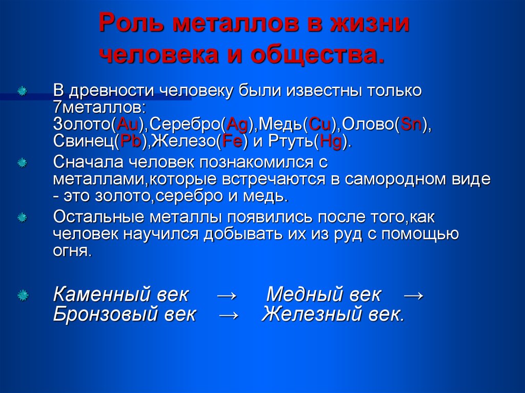 Роль металлов в истории человеческой цивилизации проект