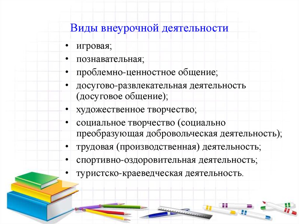 Виды внеурочной деятельности. Виды внеучебной деятельности. Формы проблемно ценностного общения во внеурочной деятельности. Трудовой вид внеурочной деятельности.