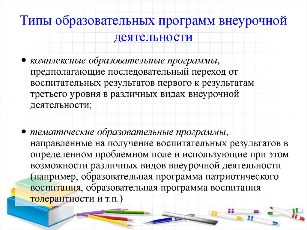 Внеурочной образовательной. Типы образования программ внеурочной деятельности. Комплексные типы программ внеурочной деятельности предполагают. Тип программы по внеурочной деятельности. Перечислите образовательные программы внеурочной деятельности.