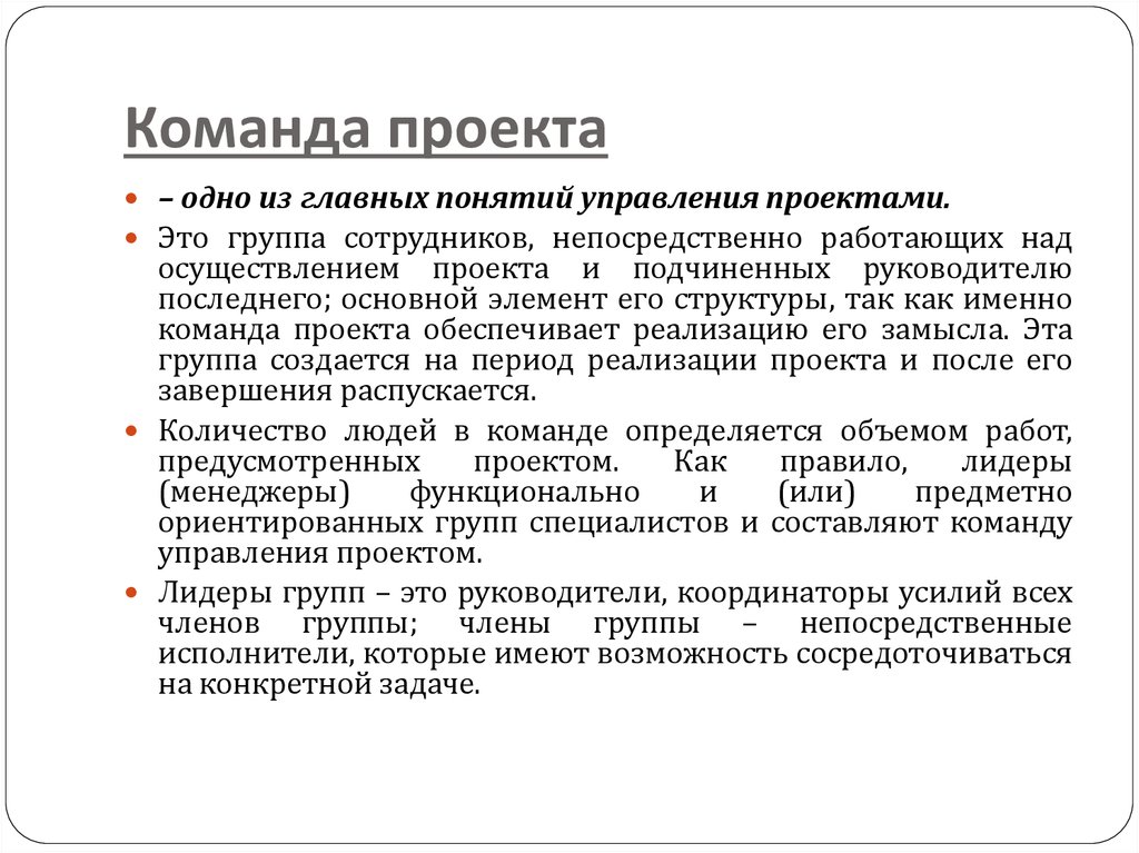 Группа специалистов непосредственно работающих над реализацией проекта