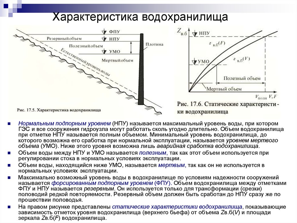 Задача водохранилища. Нормальный подпорный уровень водохранилища (НПУ) это:. Морфометрические характеристики водохранилища. Полезный объем водохранилища. Напор водохранилища это.