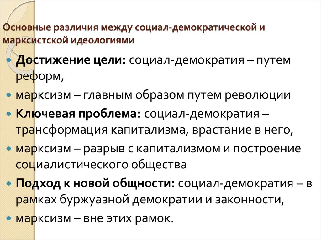 Отличие демократического. Цели социал демократов. Марксисты (социал-демократы). Цели социал-Демократической идеологии. Марксизм и социал-демократия различия.