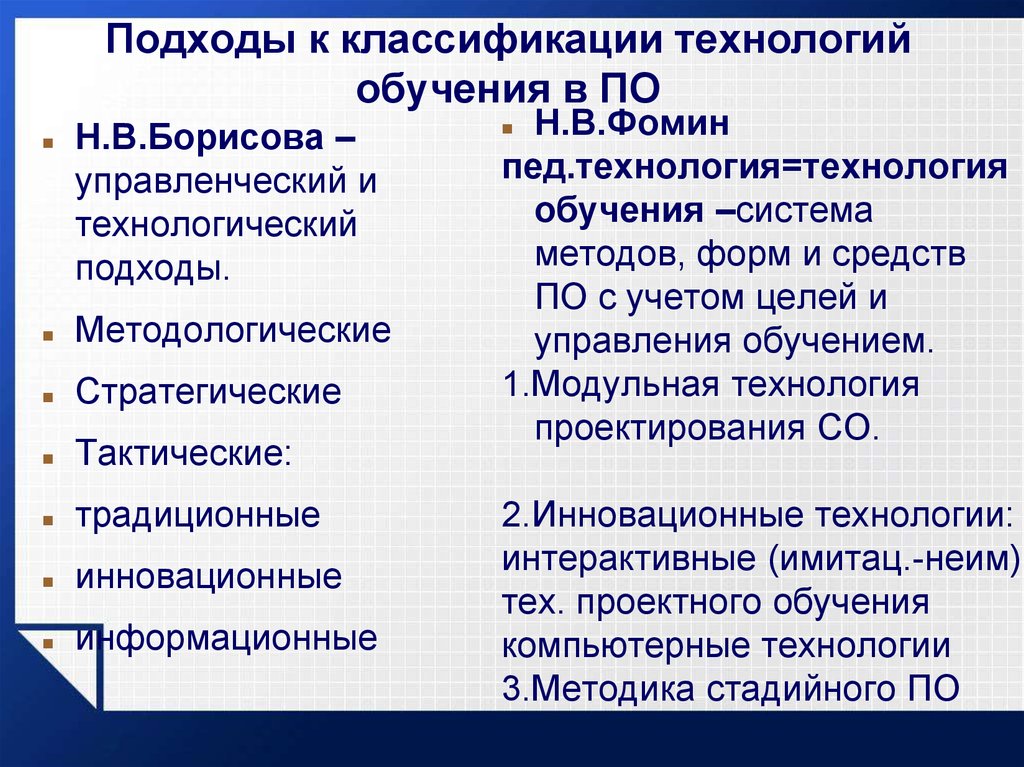 Система технологий обучения. Подходы к классификации технологий обучения. Подходы к классификации методов обучения. Классификация подходов обучения. Методы профессиональной подготовки.