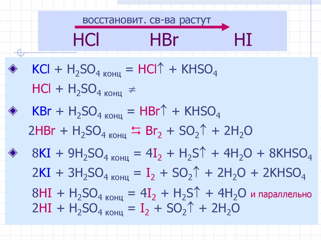 Hi взаимодействует с. HCL h2so4 конц. Ki h2so4 конц ОВР. KCL h2so4 конц. Hbr h2so4 конц.