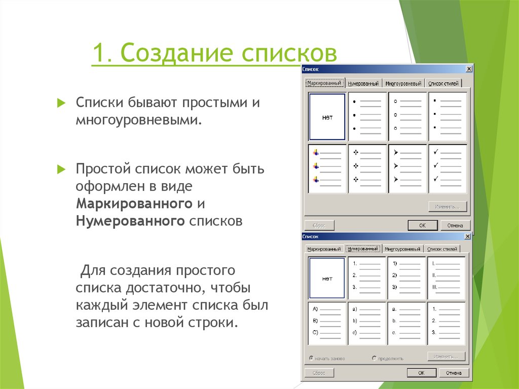 Создание 1 работа. Автоматические списки виды создание. Нумерованный список маркированный список многоуровневый список. Автоматическое создание списков. Способы создания списков.