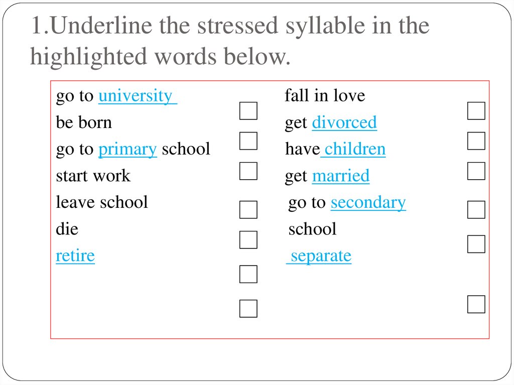 Underline the stressed. Underline the stressed syllable. Syllable стресс. Underline the stressed syllable пример. Stress in one syllable Words.