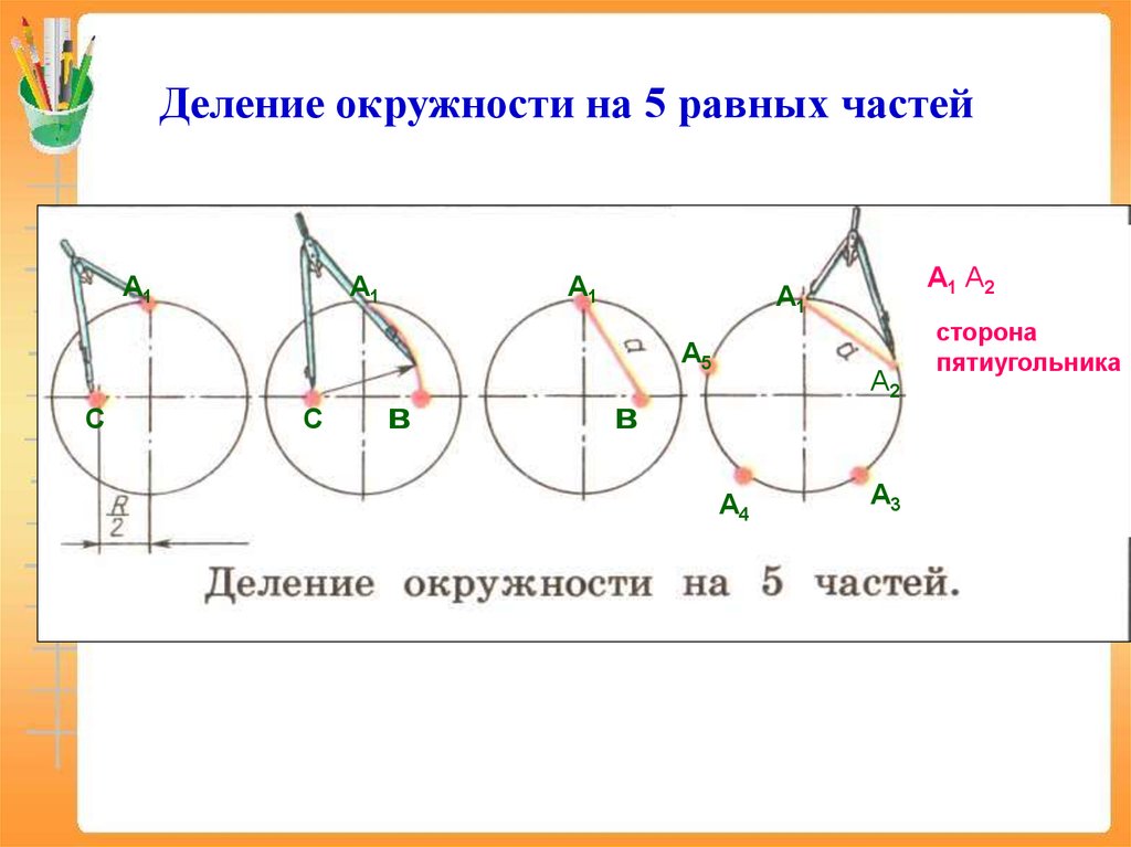 Круг делить на 5. Деление окружности на 5 равных частей. Разделить окружность на 5 равных частей без циркуля. Окружность деленная на 5 частей. Поделить окружность на 5 частей циркулем.