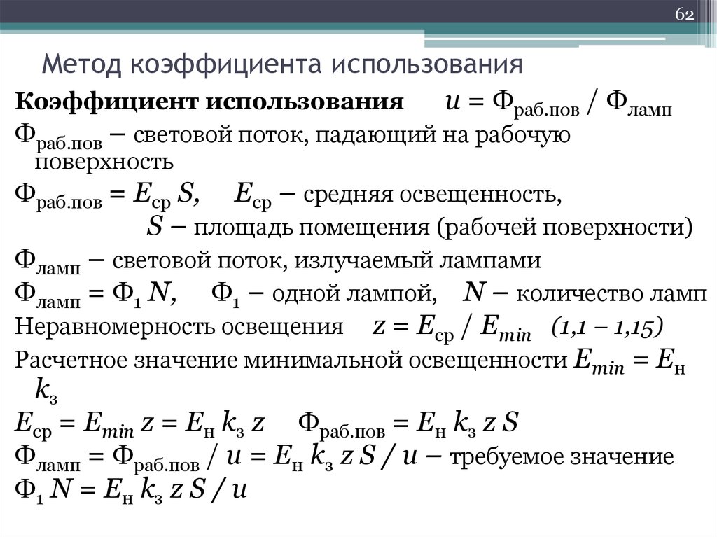 Коэффициент использования. Коэффициент неравномерности освещенности. Расчет освещенности методом светового потока. Метод коэффициента использования светового потока. Метод коэффициентоиспользования.