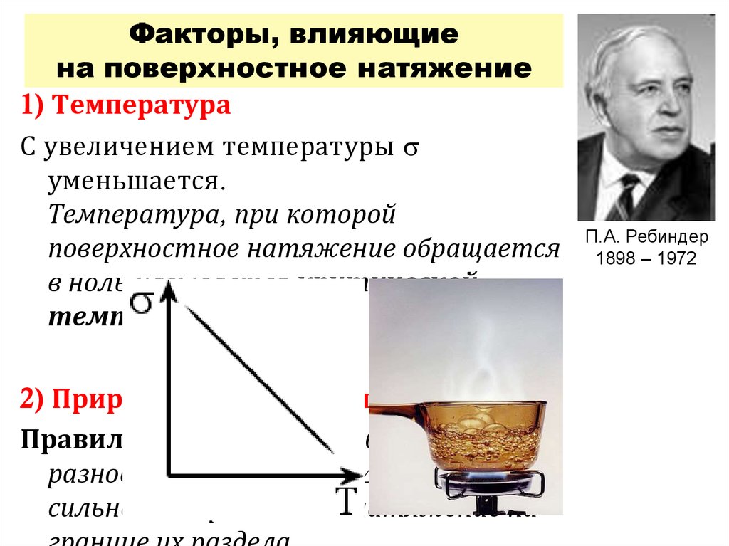 Найти поверхностное натяжение. Факторы влияющие на поверхностное натяжение. Факторы влияющие на поверхностное натяжение жидкости. Определите факторы влияющие на поверхностное натяжение жидкости. Влияние температуры на поверхностное натяжение.