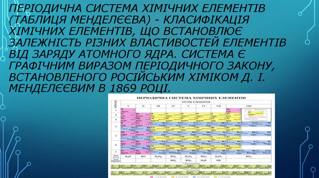 Періодична система хімічних елементів (таблиця Менделєєва) - класифікація хімічних елементів, що встановлює залежність різних властивост