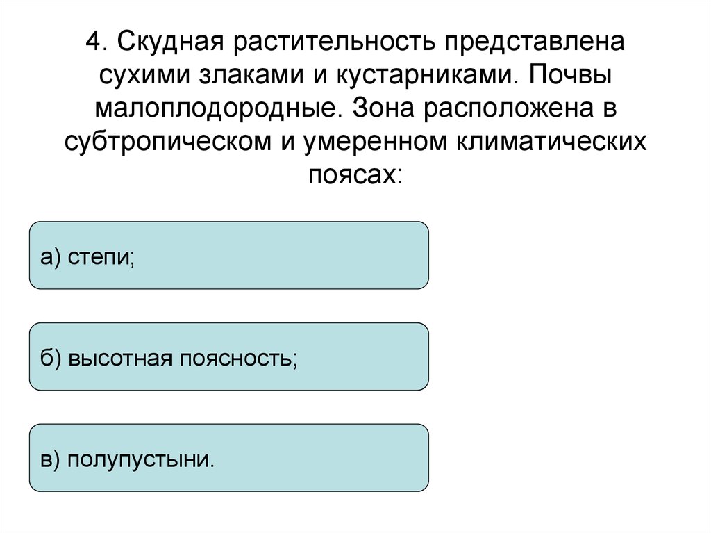 Растительность скудная представлена сухими злаками и кустарниками