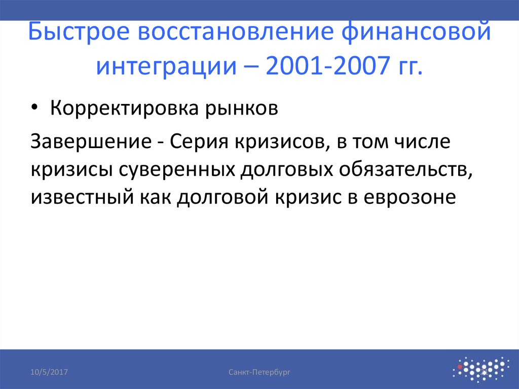 Быстрое восстановление финансовой интеграции – 2001-2007 гг.