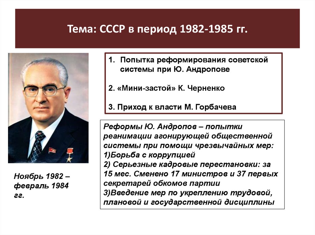 Ссср какой период. Черненко 1982-1985. Таблица реформы Андропова Горбачев Черненко. СССР В период 1982 1985 гг. Политика СССР 1982 - 1985 Андропов Черненко.