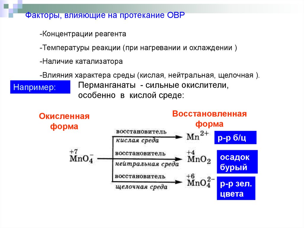 Окислительно восстановительные реакции протекает между. Факторы влияющие на протекание ОВР. Факторы влияющие на ОВР. Факторы влияющие на протекание реакций. Влияние среды на протекание ОВР.