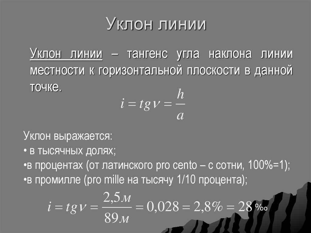 Уклон перевод в проценты. Формула уклона линии в геодезии. Уклон в промилле. 1 Промилле это сколько уклон. Наклон в промилле.