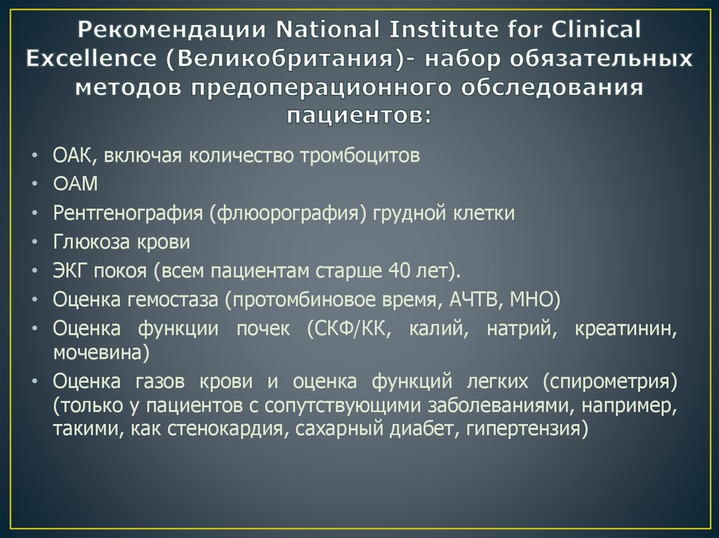 Рекомендации National Institute for Clinical Excellence (Великобритания)- набор обязательных методов предоперационного