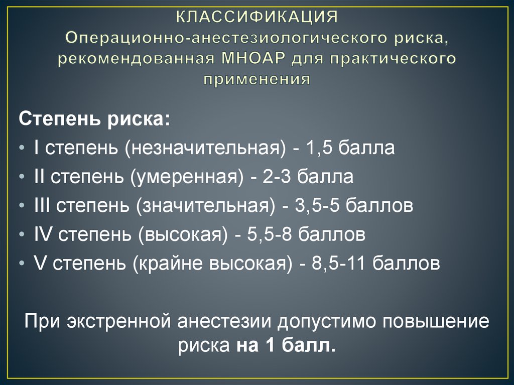 КЛАССИФИКАЦИЯ Операционно-анестезиологического риска, рекомендованная МНОАР для практического применения