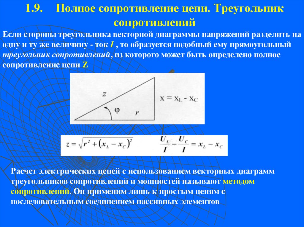 Полное сопротивление. Полное сопротивление цепи. Треугольник сопротивлений.. Треугольник сопротивлений катушки индуктивности. Треугольники напряжений сопротивлений и мощностей. Треугольник сопротивлений цепи переменного тока.