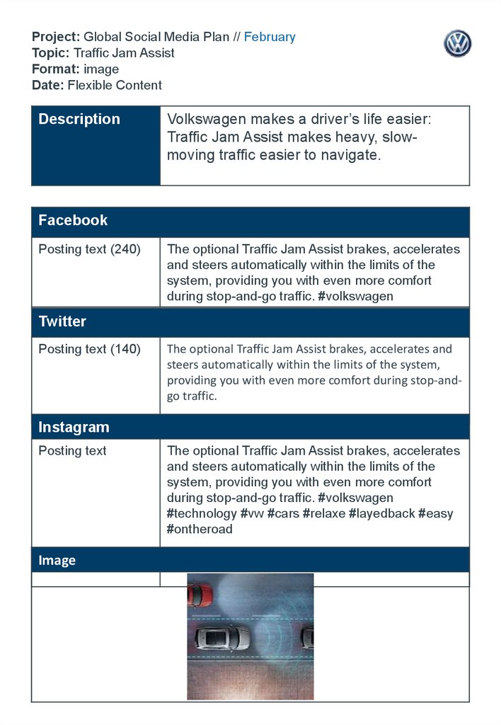 Project: Global Social Media Plan // February Topic: Traffic Jam Assist Format: image Date: Flexible Content
