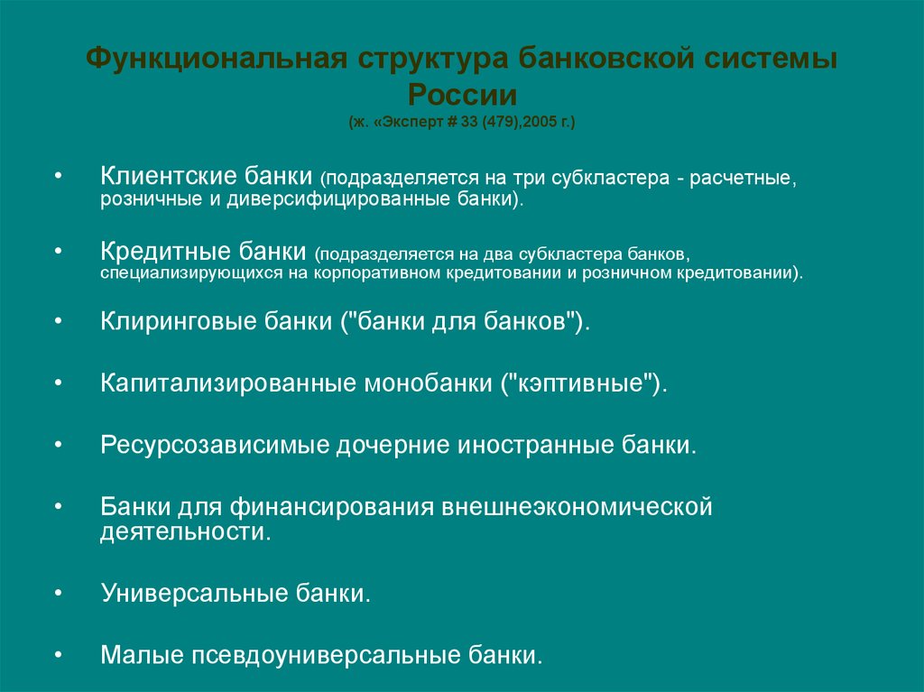 Функциональная структура банковской системы России (ж. «Эксперт # 33 (479),2005 г.)