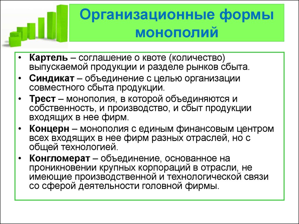 1 объединение предприятий. Организационные формы монополии. Формы монополий Картель. Основные организационные формы монополий. Формы монополистических объединений.