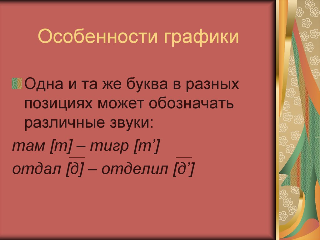 Особенно д. Особенности графики. Особенности Графика. Одна и та же буква в разных позициях может обозначать различные звуки. Графика и орфография реферат.