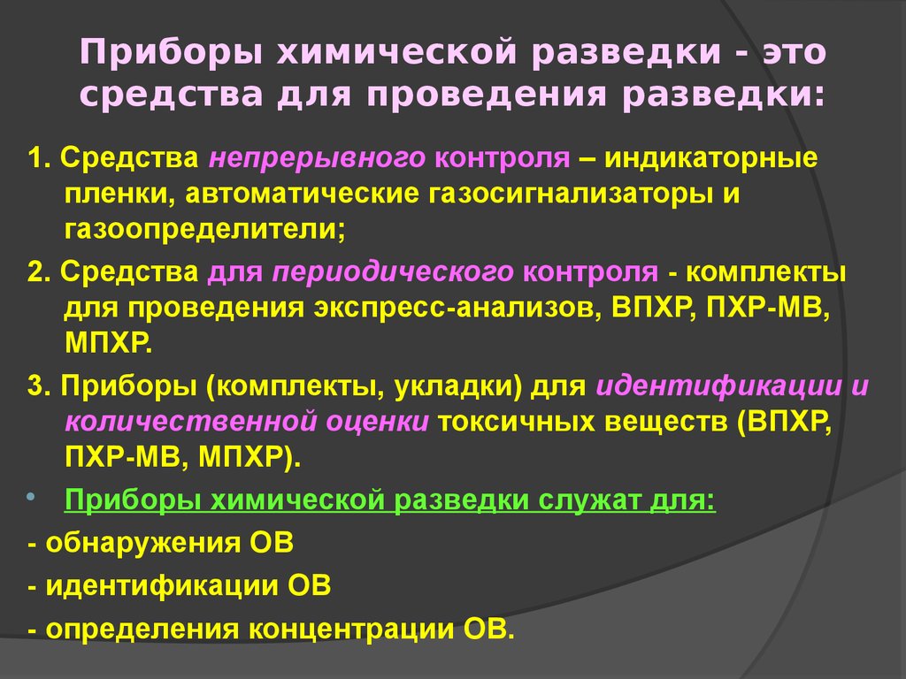 Организация химического контроля. Классификация приборов химической разведки. Средства проведения химической разведки. Средства непрерывного и периодического контроля. Цели и задачи химической разведки.