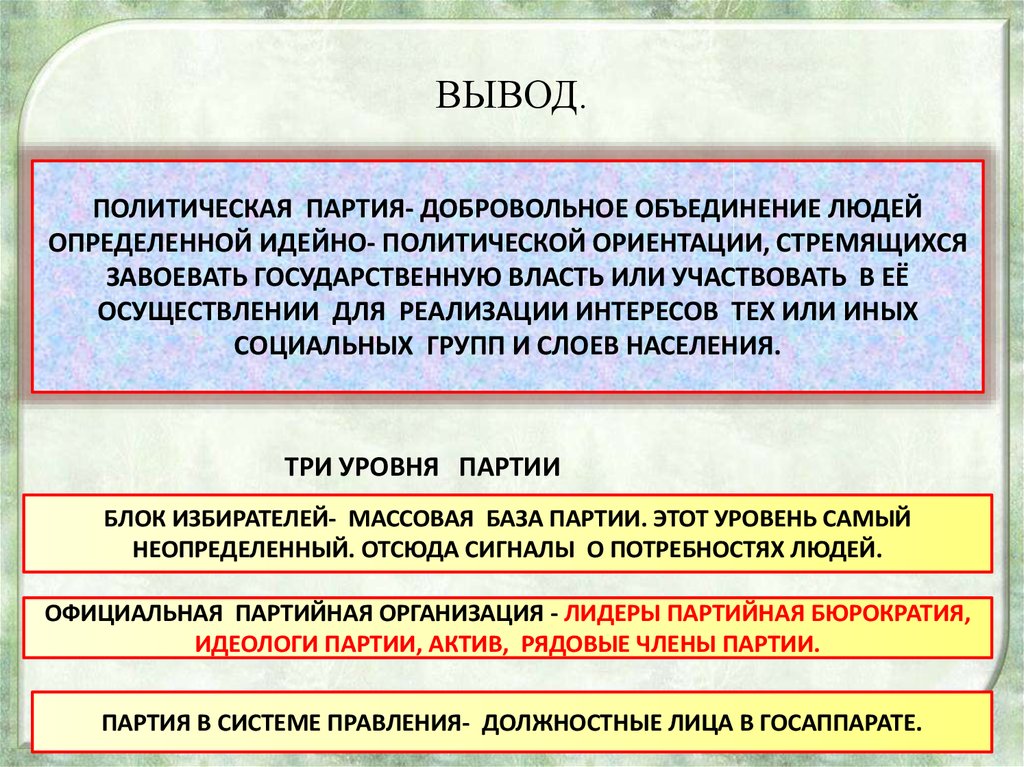 Движение политической власти. Политические партии. Понятие политической партии. Объединение политических партий. Политические партии вывод.